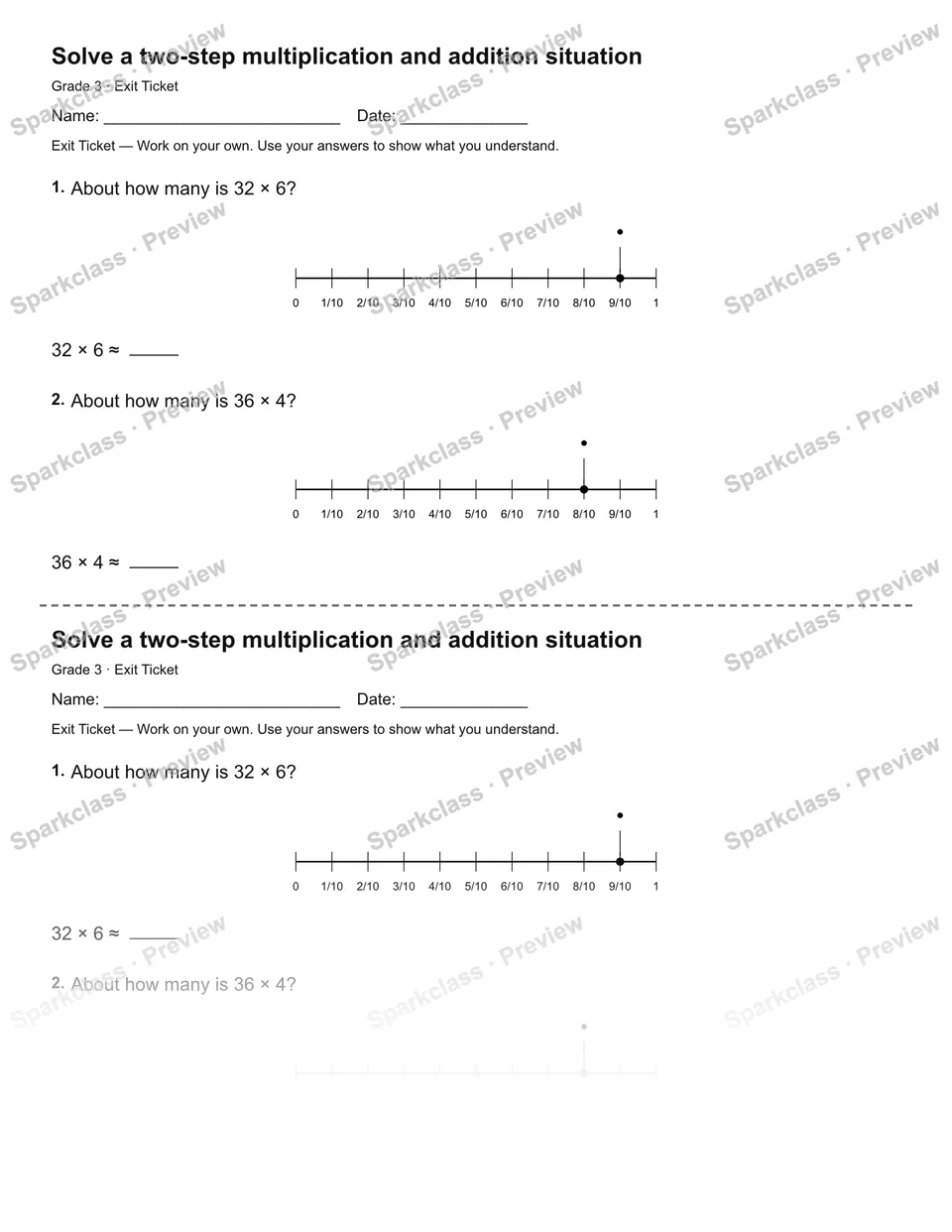 Solve a two-step multiplication and addition situation — Exit Ticket — page 1