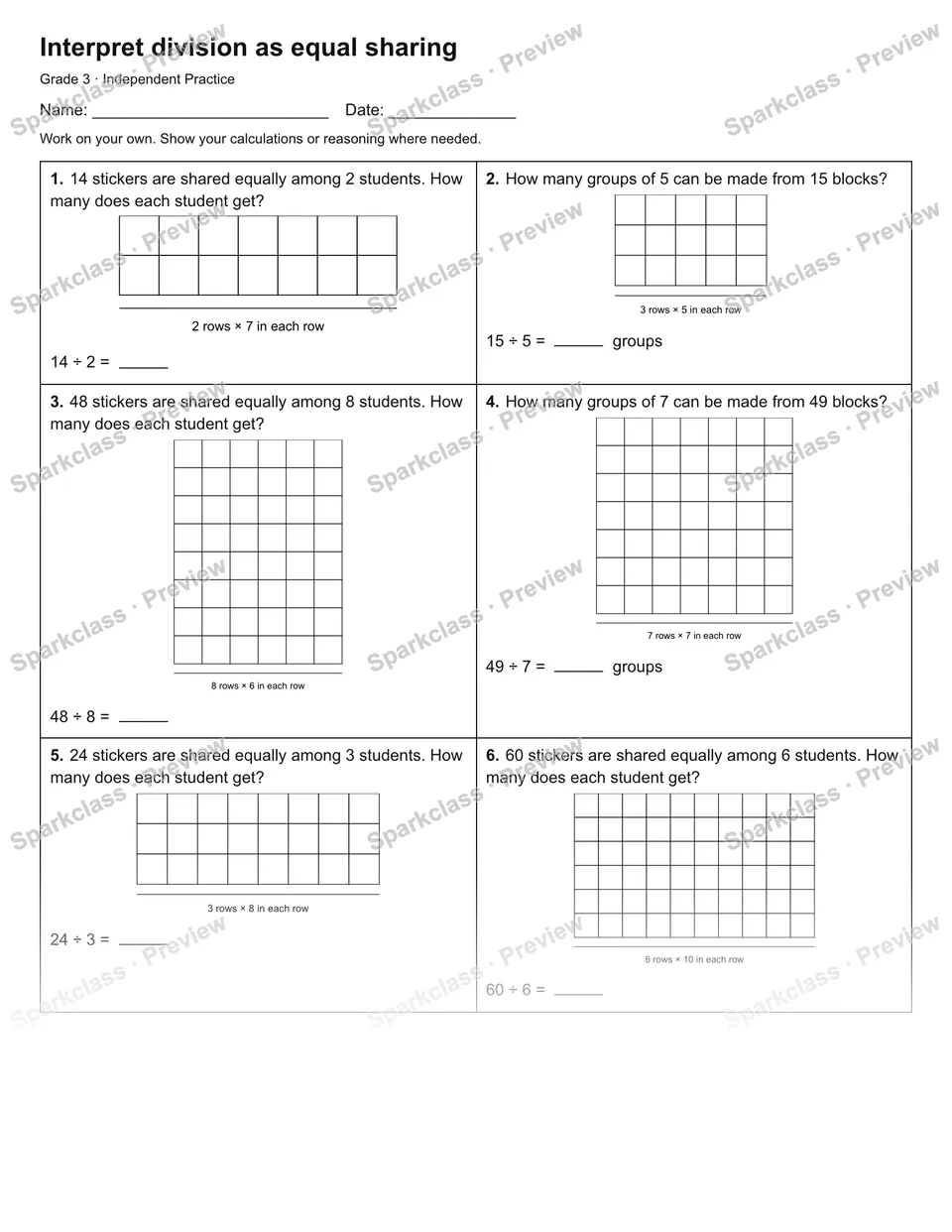 Interpret division as equal sharing — Independent Practice — page 1