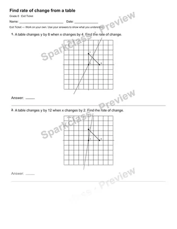 Find rate of change from a table — Exit Ticket — Grade 8 worksheet preview