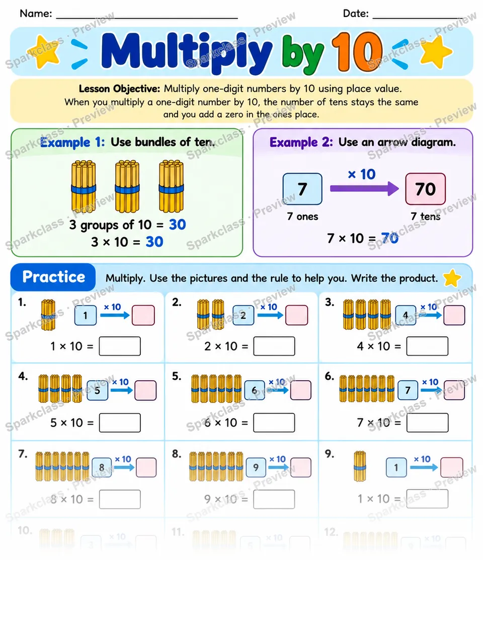 Place Value Multiply By 10 — page 1