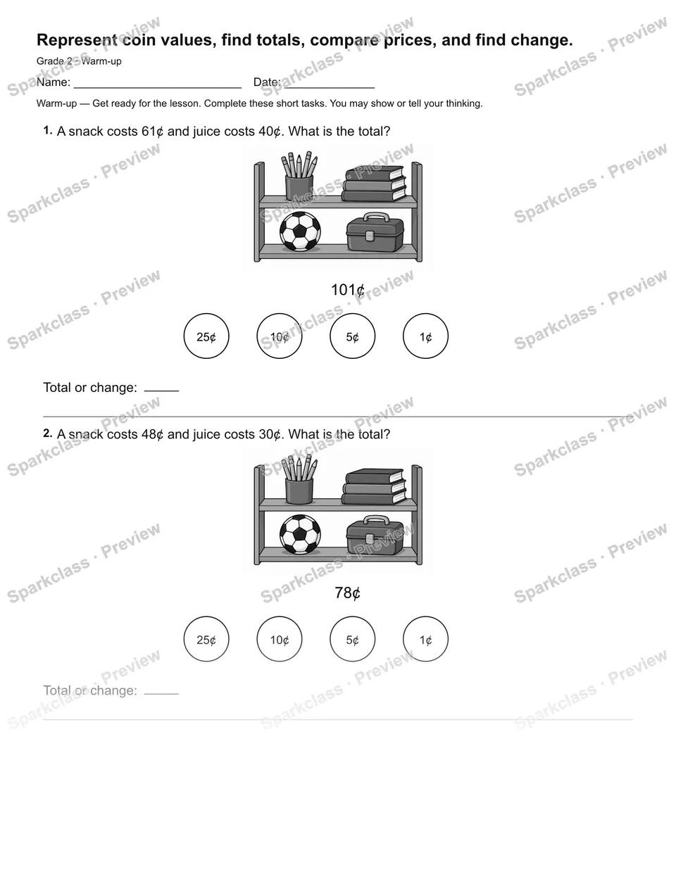 Represent coin values, find totals, compare prices, and find change. — Warm-up — page 1