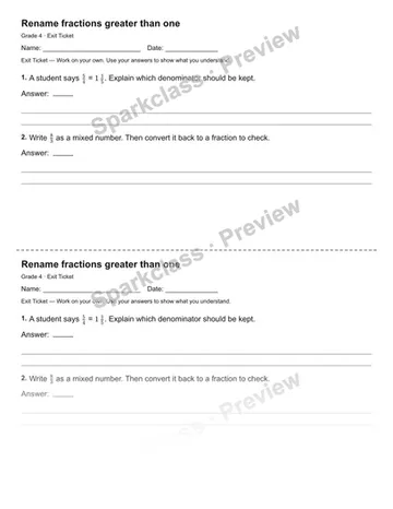 Rename fractions greater than one — Exit Ticket — Grade 4 worksheet preview