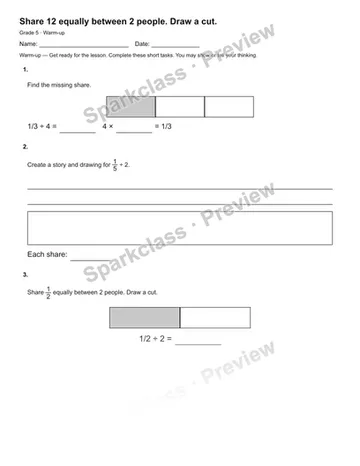 Share 12 equally between 2 people. Draw a cut. — Warm-up — Grade 5 worksheet preview