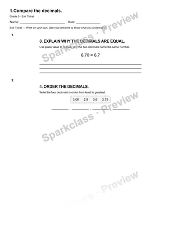 1.Compare the decimals. — Exit Ticket — Grade 5 worksheet preview