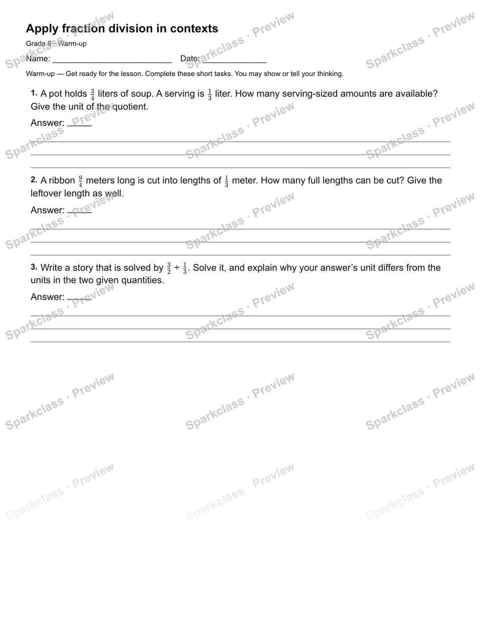 Apply fraction division in contexts — Warm-up — page 1