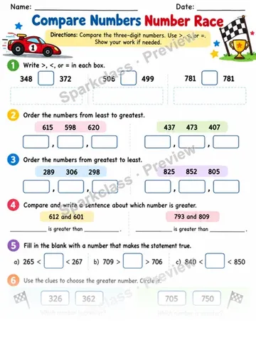 2.NBT.A.4 · Compare Number Race — Grade 2 worksheet preview