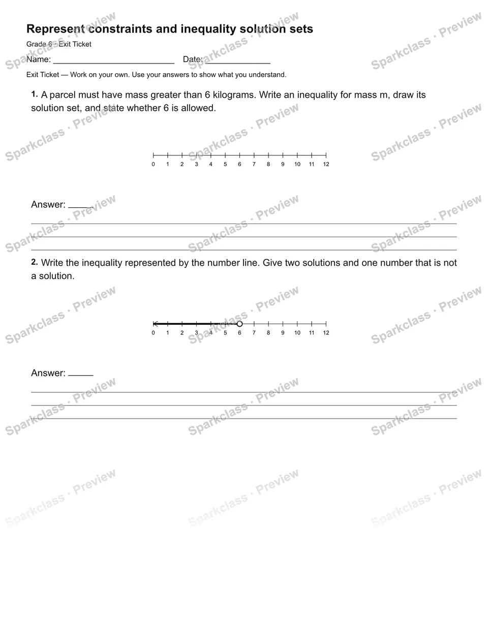 Represent constraints and inequality solution sets — Exit Ticket — page 1