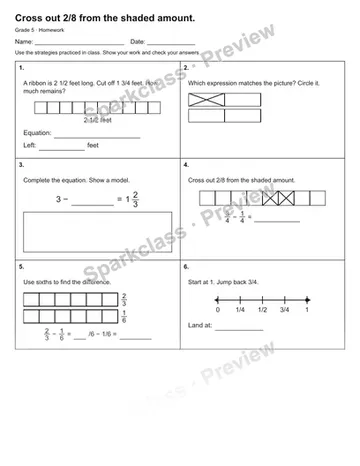 Cross out 2/8 from the shaded amount. — Homework — Grade 5 worksheet preview