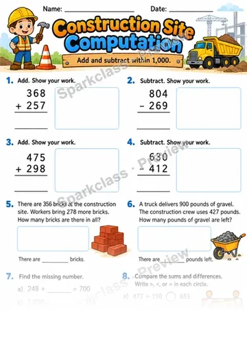 2.NBT.B.7 · Construction Add Subtract — Grade 2 worksheet preview