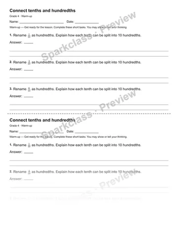 Connect tenths and hundredths — Warm-up — Grade 4 worksheet preview