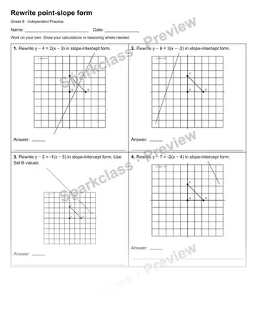 Rewrite point-slope form — Independent Practice — Grade 8 worksheet preview