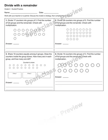 Divide with a remainder — Guided Practice — Grade 4 worksheet preview