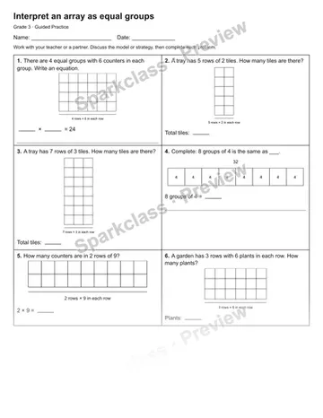Interpret an array as equal groups — Guided Practice — Grade 3 worksheet preview
