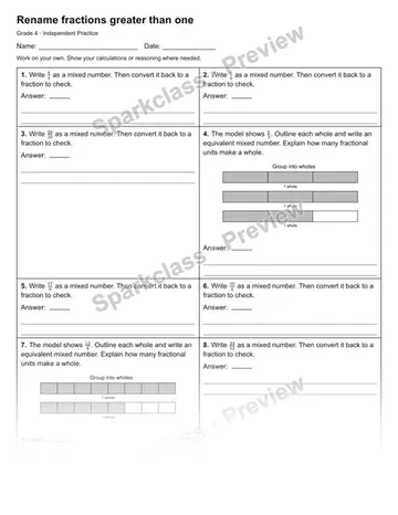 Rename fractions greater than one — Independent Practice — Grade 4 worksheet preview