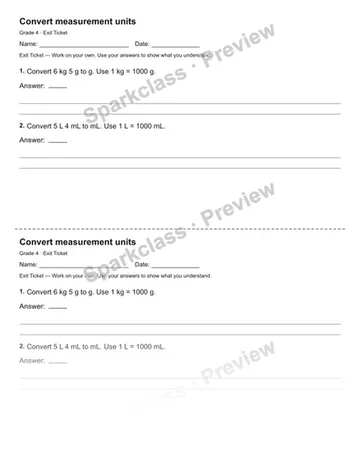 Convert measurement units — Exit Ticket — Grade 4 worksheet preview