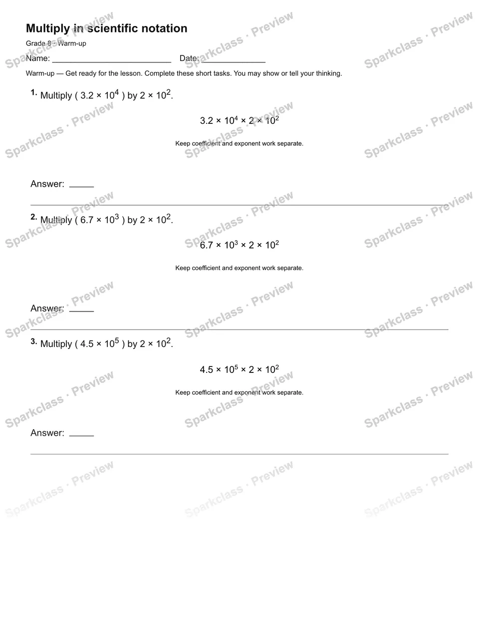 Multiply in scientific notation — Warm-up — page 2