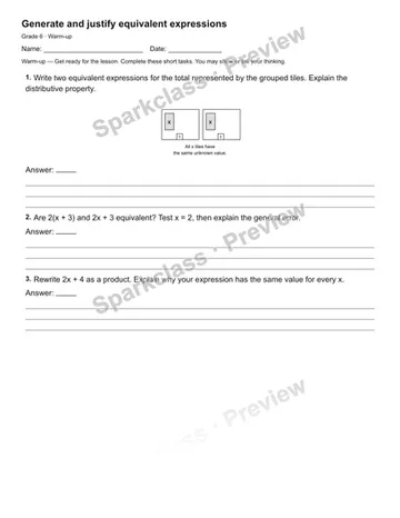 Generate and justify equivalent expressions — Warm-up — Grade 6 worksheet preview