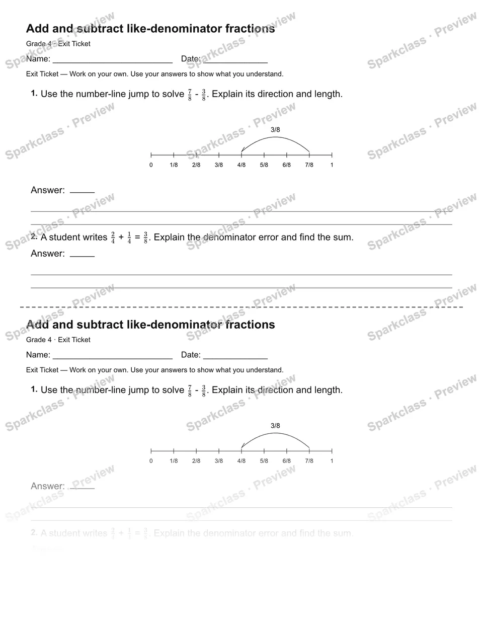 Add and subtract like-denominator fractions — Exit Ticket — page 1