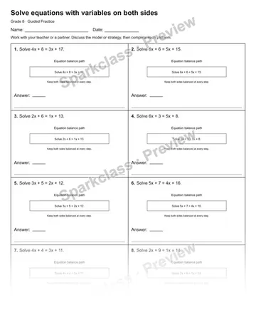Solve equations with variables on both sides — Guided Practice — Grade 8 worksheet preview