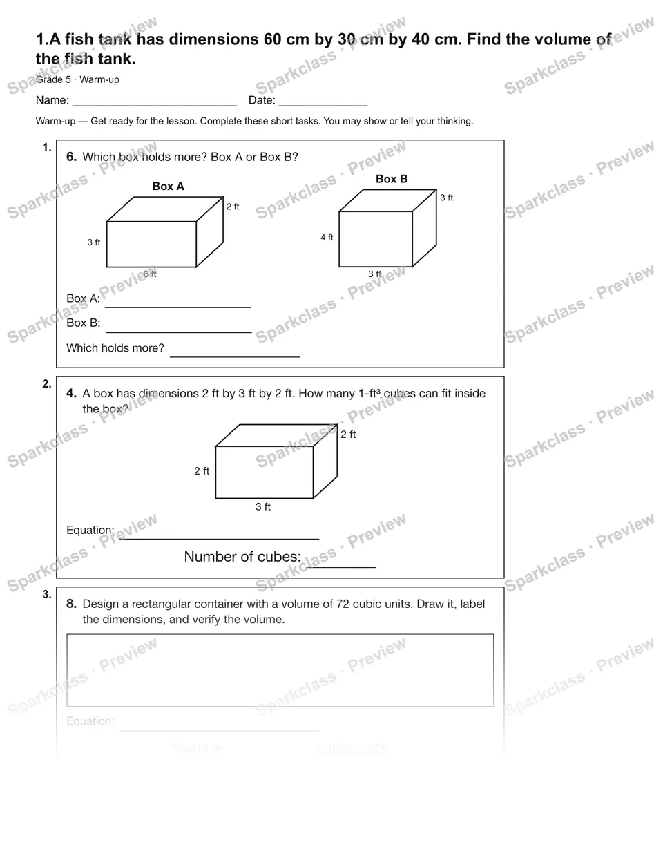 1.A fish tank has dimensions 60 cm by 30 cm by 40 cm. Find the volume of the fish tank. — Warm-up — page 2