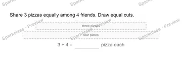 Share 3 pizzas equally among 4 friends. Draw equal cuts. three pizzas four plates 3 ÷ 4 = pizza each — Grade 5 problem preview