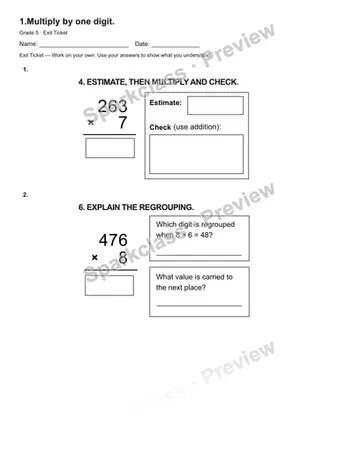 1.Multiply by one digit. — Exit Ticket — Grade 5 worksheet preview