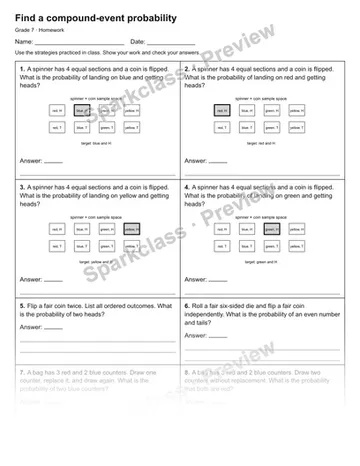 Find a compound-event probability — Homework — Grade 7 worksheet preview