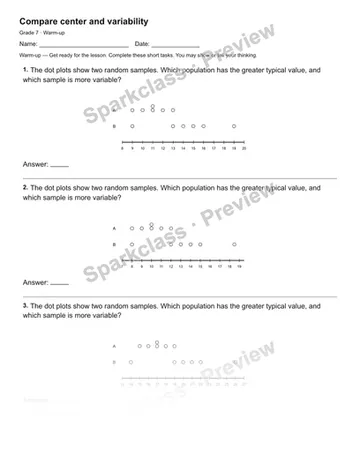 Compare center and variability — Warm-up — Grade 7 worksheet preview