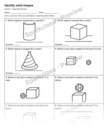 Identify solid shapes — Independent Practice — Kindergarten worksheet preview