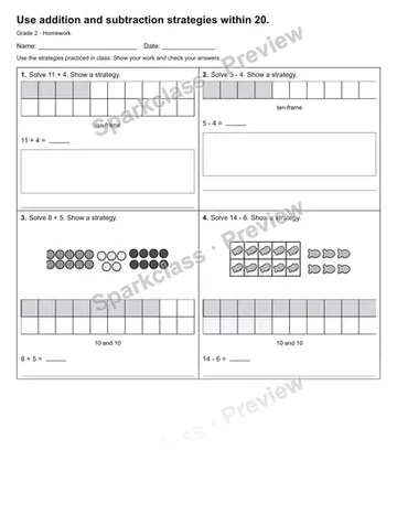 Use addition and subtraction strategies within 20. — Homework — Grade 2 worksheet preview
