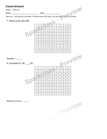 Count forward — Warm-up — Grade 1 worksheet preview