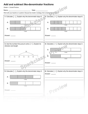 Add and subtract like-denominator fractions — Guided Practice — Grade 4 worksheet preview