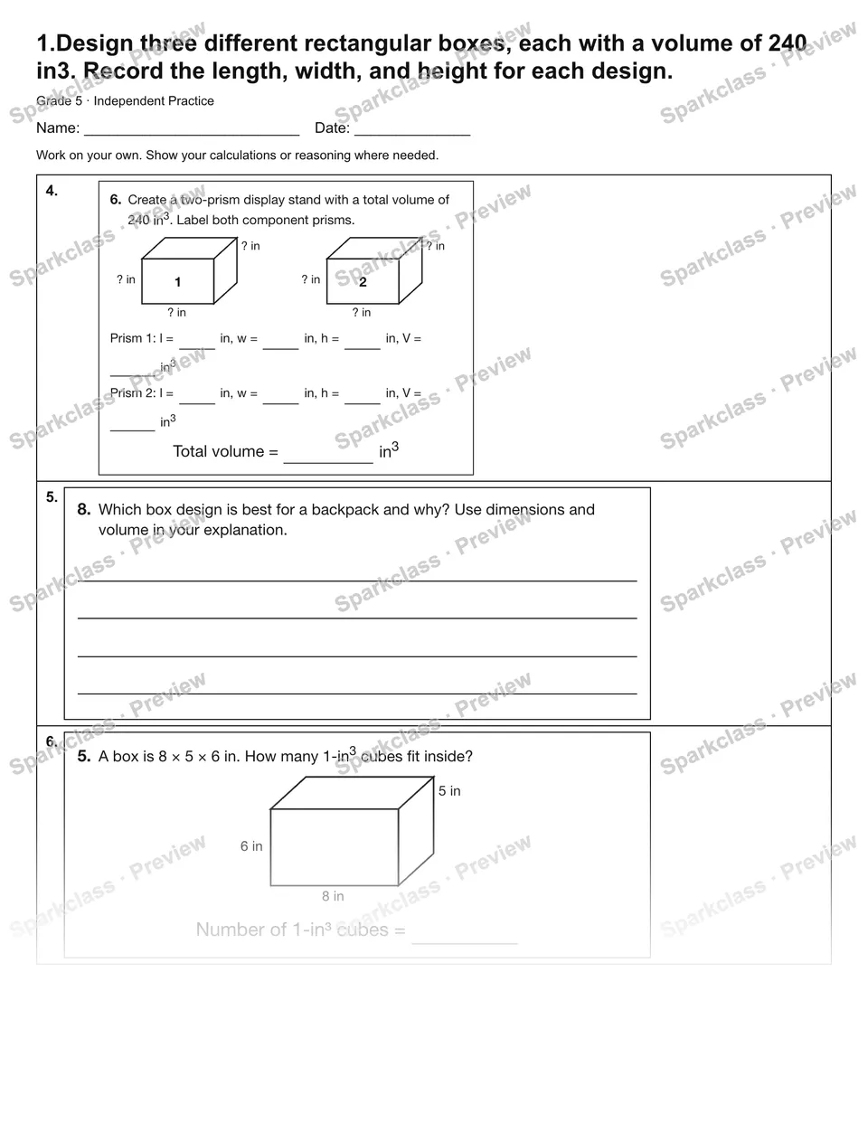 1.Design three different rectangular boxes, each with a volume of 240 in3. Record the length, width, and height for each design. — Independent Practice — page 2