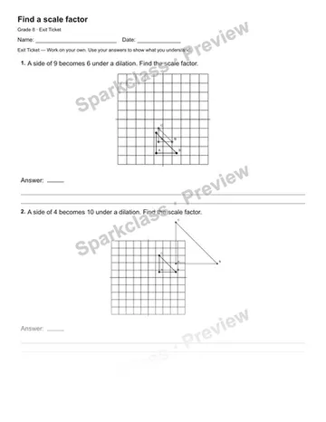 Find a scale factor — Exit Ticket — Grade 8 worksheet preview