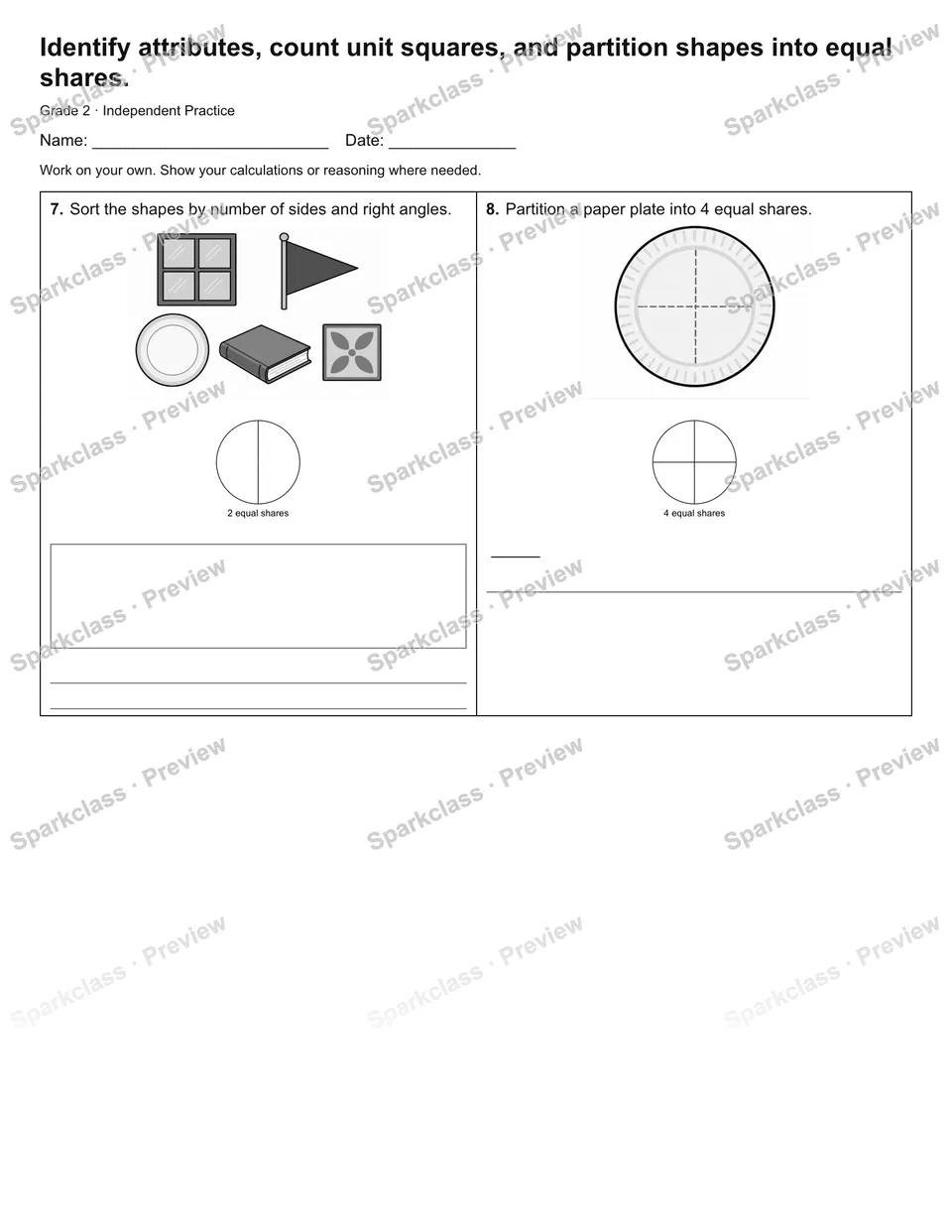 Identify attributes, count unit squares, and partition shapes into equal shares. — Independent Practice — page 3