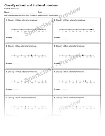 Classify rational and irrational numbers — Homework — Grade 8 worksheet preview