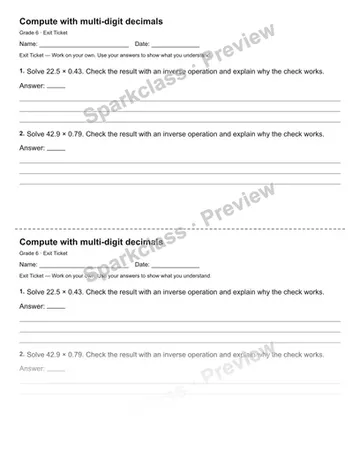 Compute with multi-digit decimals — Exit Ticket — Grade 6 worksheet preview