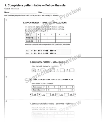 1. Complete a pattern table — Follow the rule — Homework — Grade 5 worksheet preview