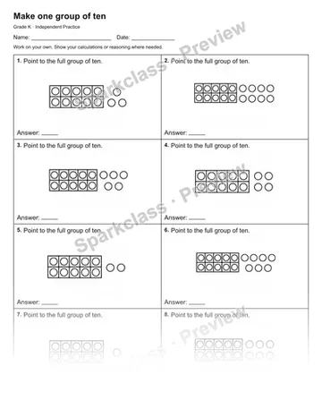Make one group of ten — Independent Practice — Kindergarten worksheet preview