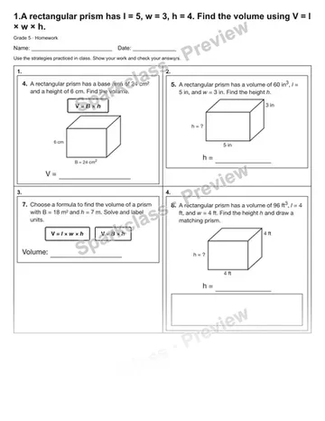 1.A rectangular prism has l = 5, w = 3, h = 4. Find the volume using V = l × w × h. — Homework — Grade 5 worksheet preview