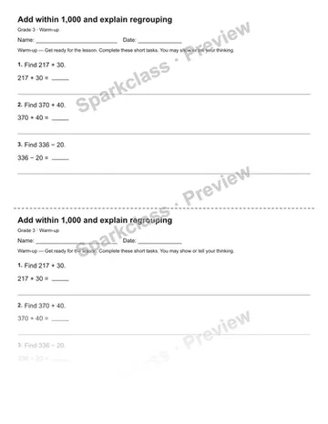 Add within 1,000 and explain regrouping — Warm-up — Grade 3 worksheet preview