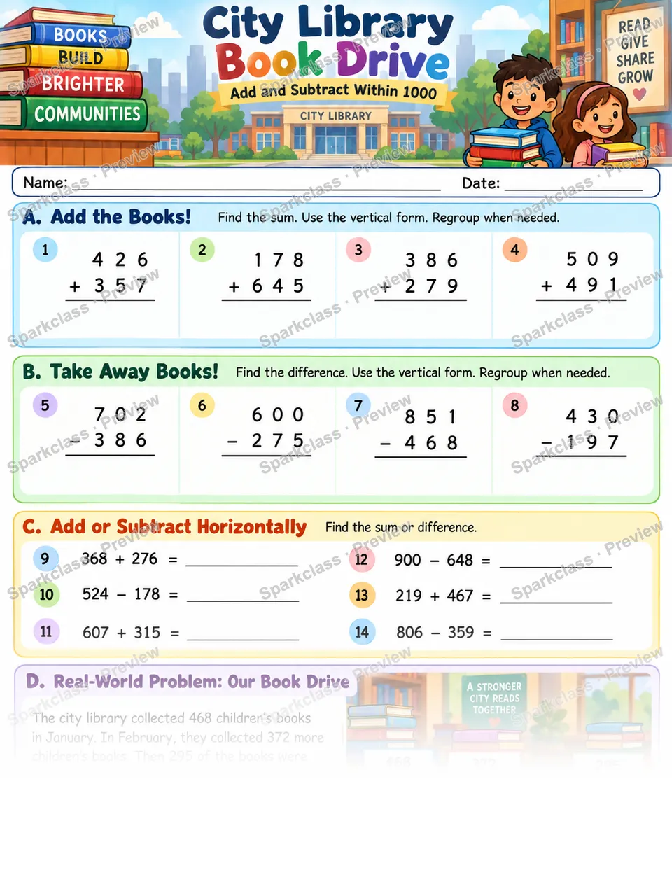 City Library · Add and Subtract Within 1000 — page 1