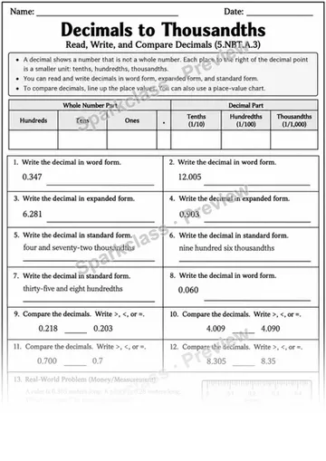 Decimals to Thousandths — Grade 5 worksheet preview