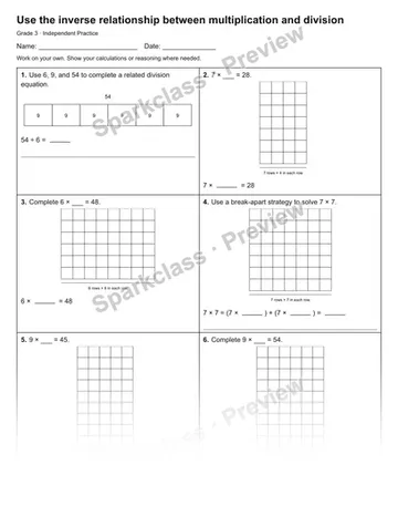 Use the inverse relationship between multiplication and division — Independent Practice — Grade 3 worksheet preview