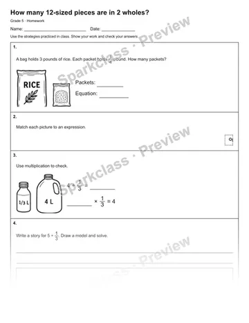 How many 12-sized pieces are in 2 wholes? — Homework — Grade 5 worksheet preview