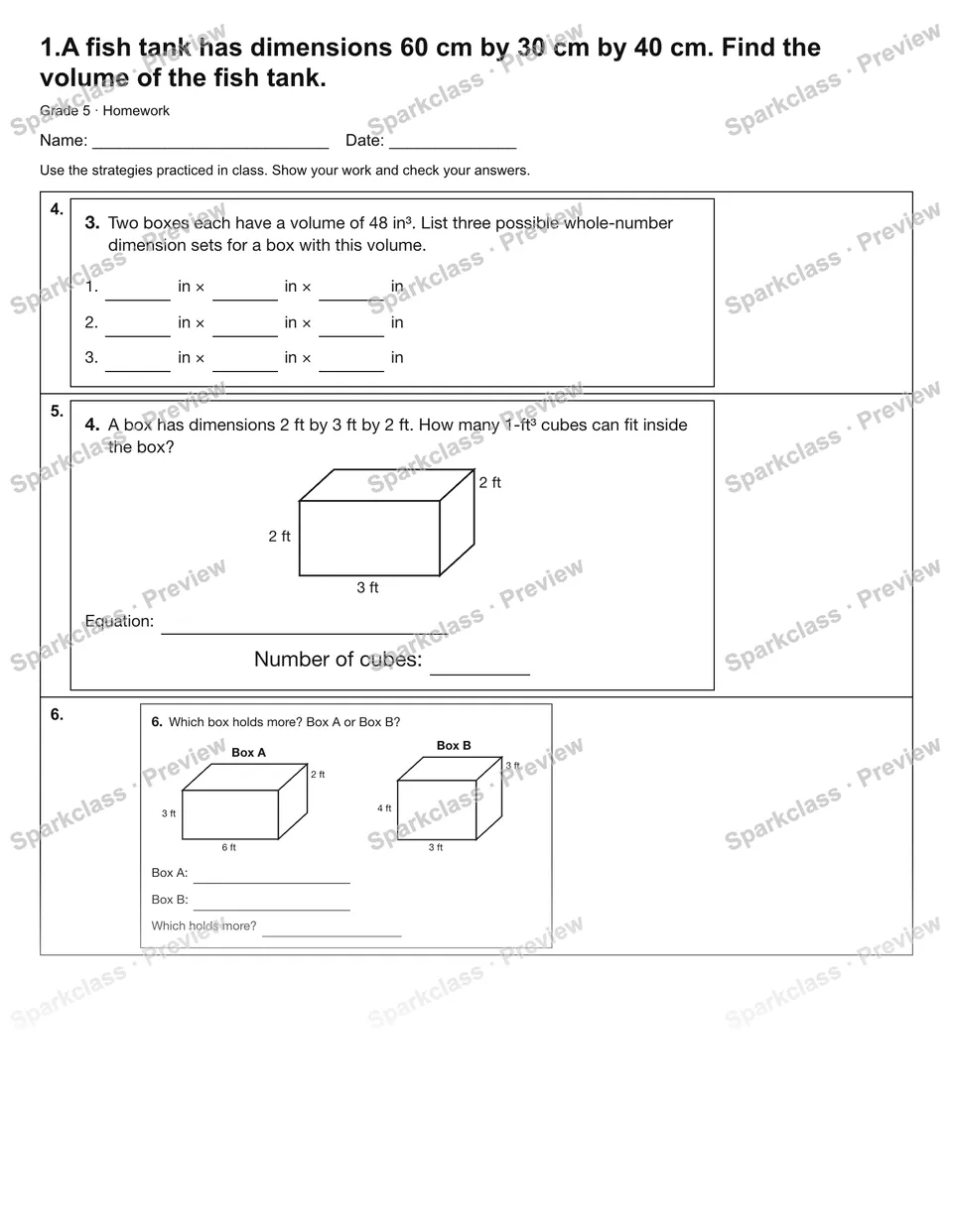 1.A fish tank has dimensions 60 cm by 30 cm by 40 cm. Find the volume of the fish tank. — Homework — page 2