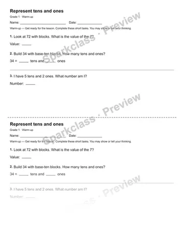 Represent tens and ones — Warm-up — Grade 1 worksheet preview