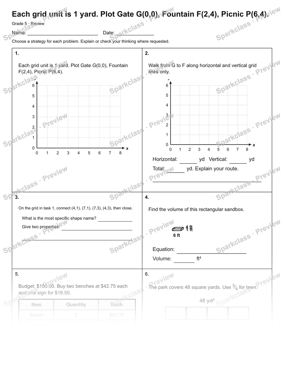 Each grid unit is 1 yard. Plot Gate G(0,0), Fountain F(2,4), Picnic P(6,4). — Review — page 1