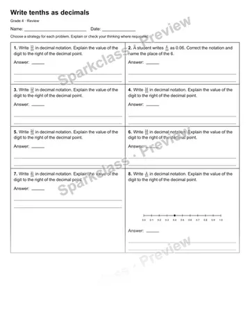 Write tenths as decimals — Review — Grade 4 worksheet preview