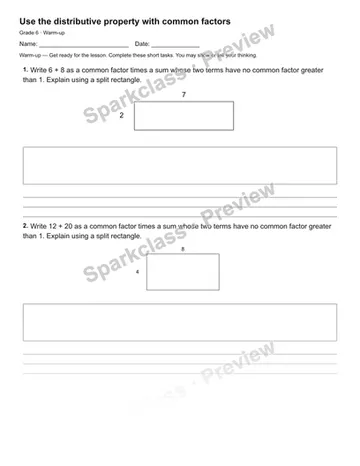 Use the distributive property with common factors — Warm-up — Grade 6 worksheet preview